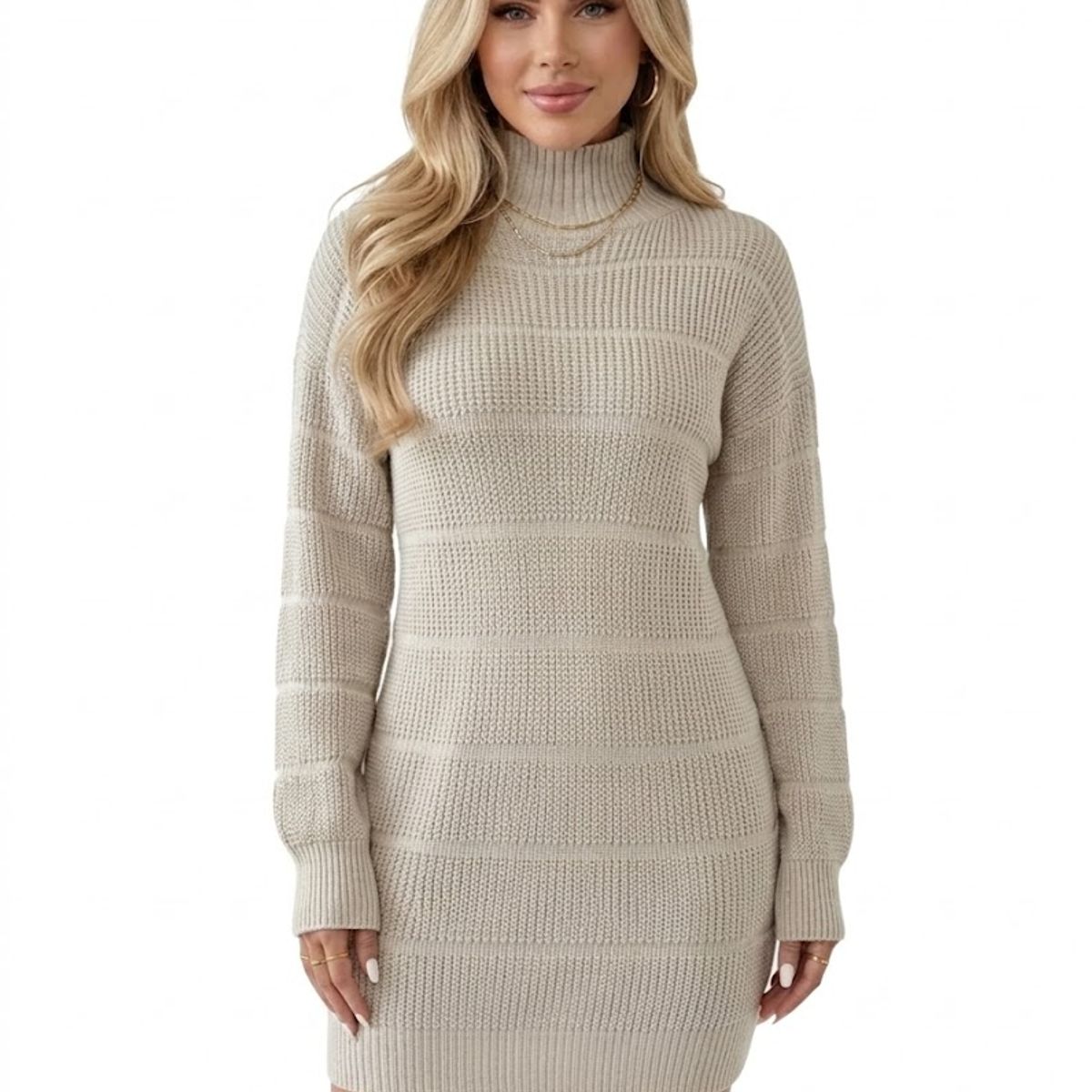 HAMI BOUTIQUE - Vestido de Invierno Lana Trenzada Beige Crema con Cuello