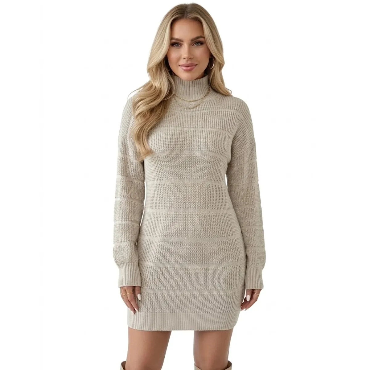 HAMI BOUTIQUE - Vestido de Invierno Lana Trenzada Beige Crema con Cuello