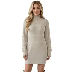 HAMI BOUTIQUE - Vestido de Invierno Lana Trenzada Beige Crema con Cuello