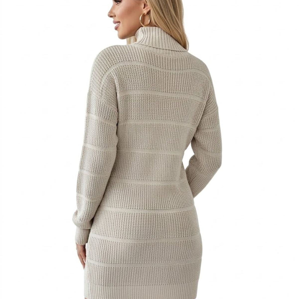 HAMI BOUTIQUE - Vestido de Invierno Lana Trenzada Beige Crema con Cuello
