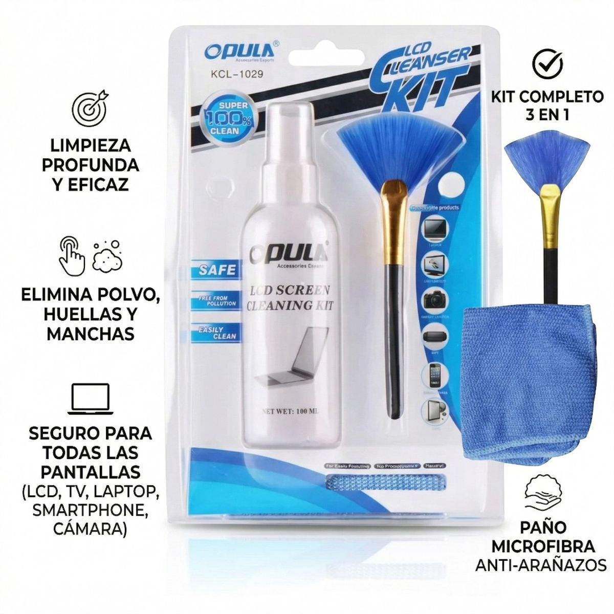 GENERICO - Limpiador De Pantallas Opula KCL-1029 Con Paño Microfibra