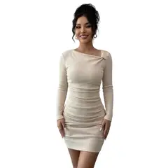 HAMI BOUTIQUE - Vestido Corto Ajustado Beige Crema - Diseño Drapeado y Escote Asimétrico