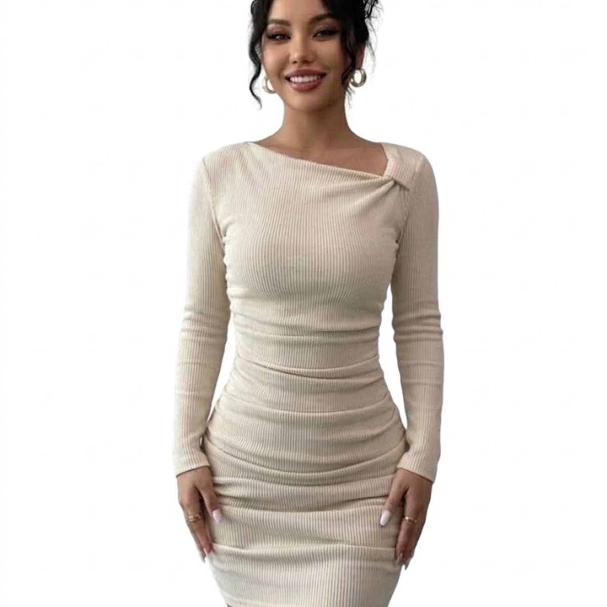 HAMI BOUTIQUE - Vestido Corto Ajustado Beige Crema - Diseño Drapeado y Escote Asimétrico