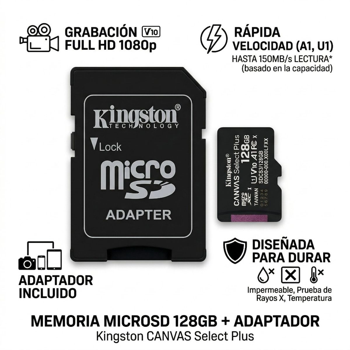 KINGSTON - Tarjeta Micro SD 128GB Kingston Canvas Select Plus + Adaptador