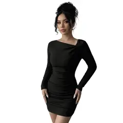 HAMI BOUTIQUE - Vestido Corto Ajustado Negro - Diseño Drapeado y Escote Asimétrico