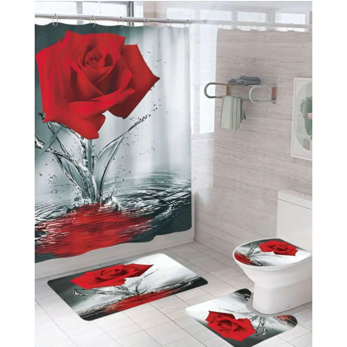 GENERICO - Juego de Baño Completo 5 Piezas Cortina de Tela y Forro de Ducha
