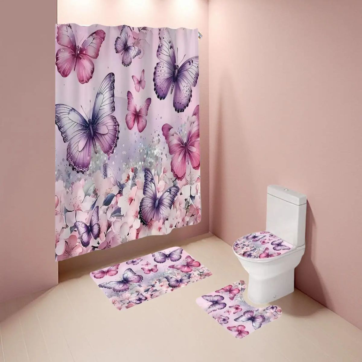 GENERICO - Juego de Baño Completo 5 Piezas Cortina de Tela y Forro de Ducha