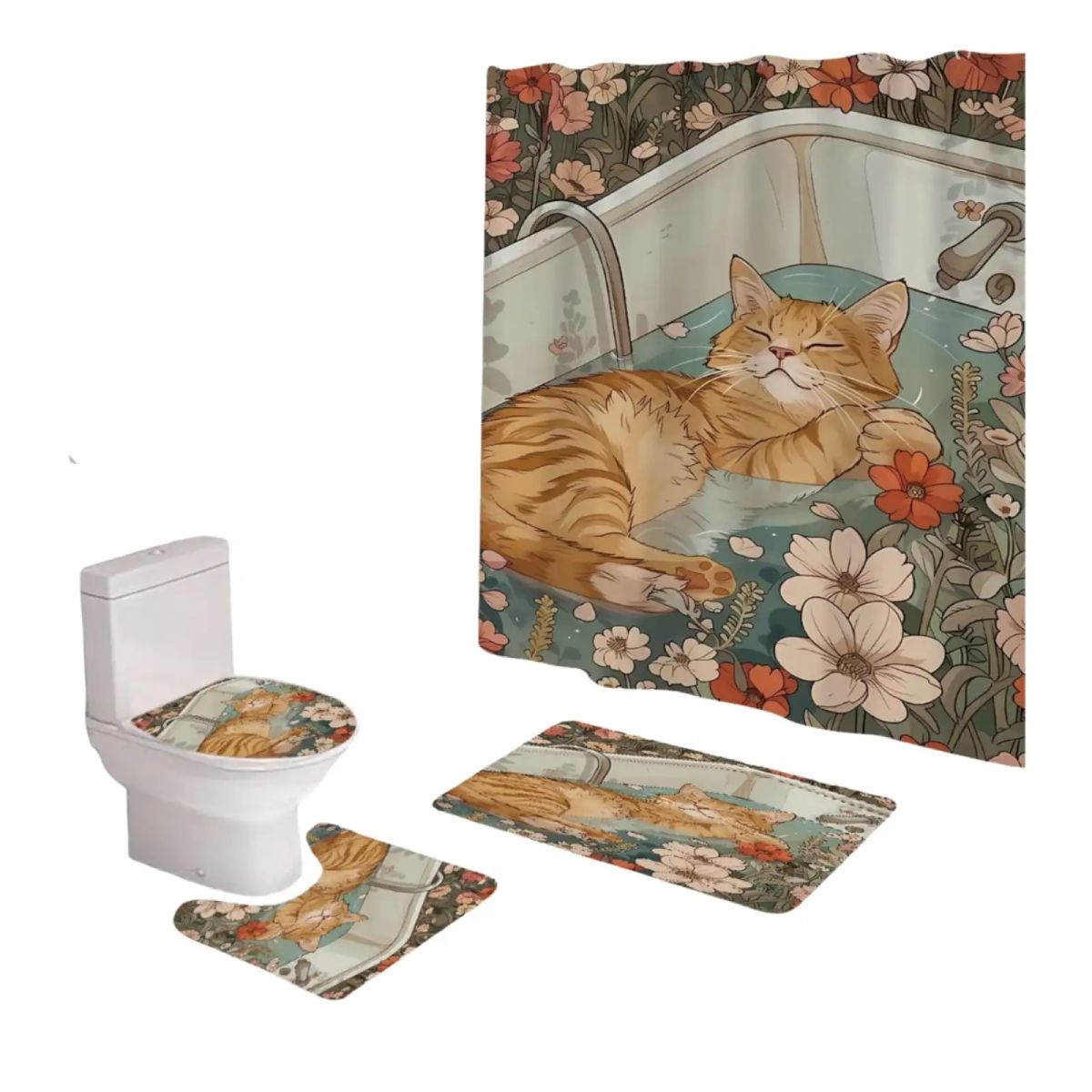 GENERICO - Set 5 Piezas Baño Cortina Lavable con Forro de Ducha