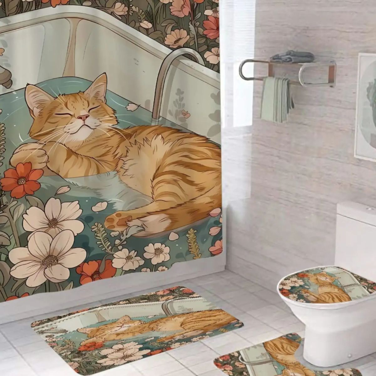 GENERICO - Set 5 Piezas Baño Cortina Lavable con Forro de Ducha