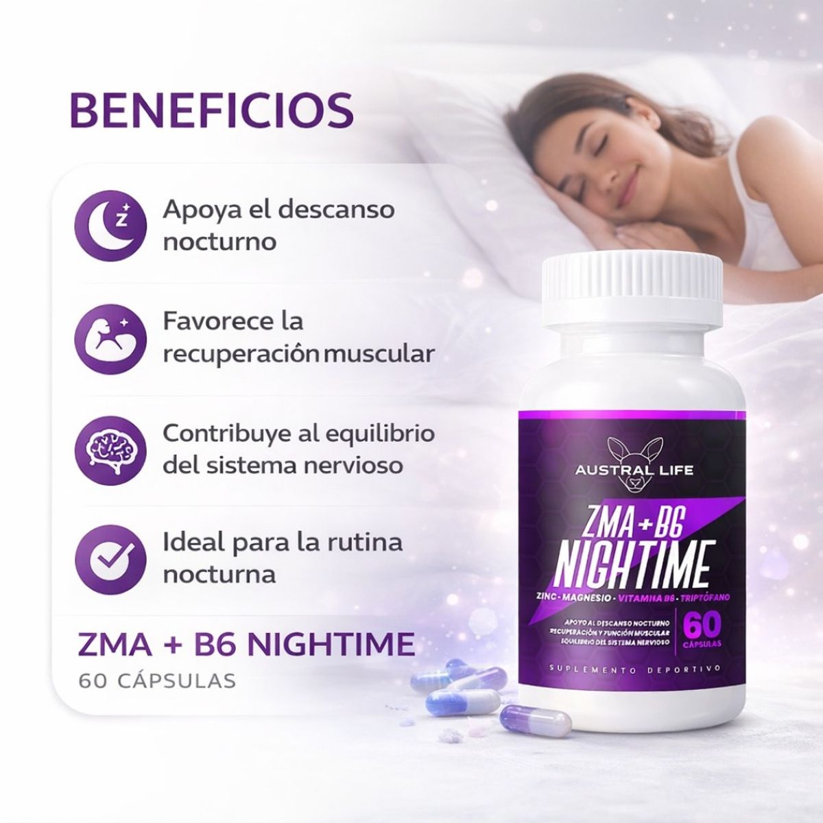 AUSTRAL LIFE - Zma + B6 Nightime – Zinc Magnesio Triptofano 60 Cápsulas - Austral Life