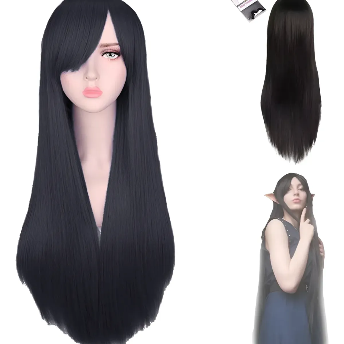 GENERICO - Las Pelucas De Pelo Largas Negras De Cosplay Del Anime 80cm