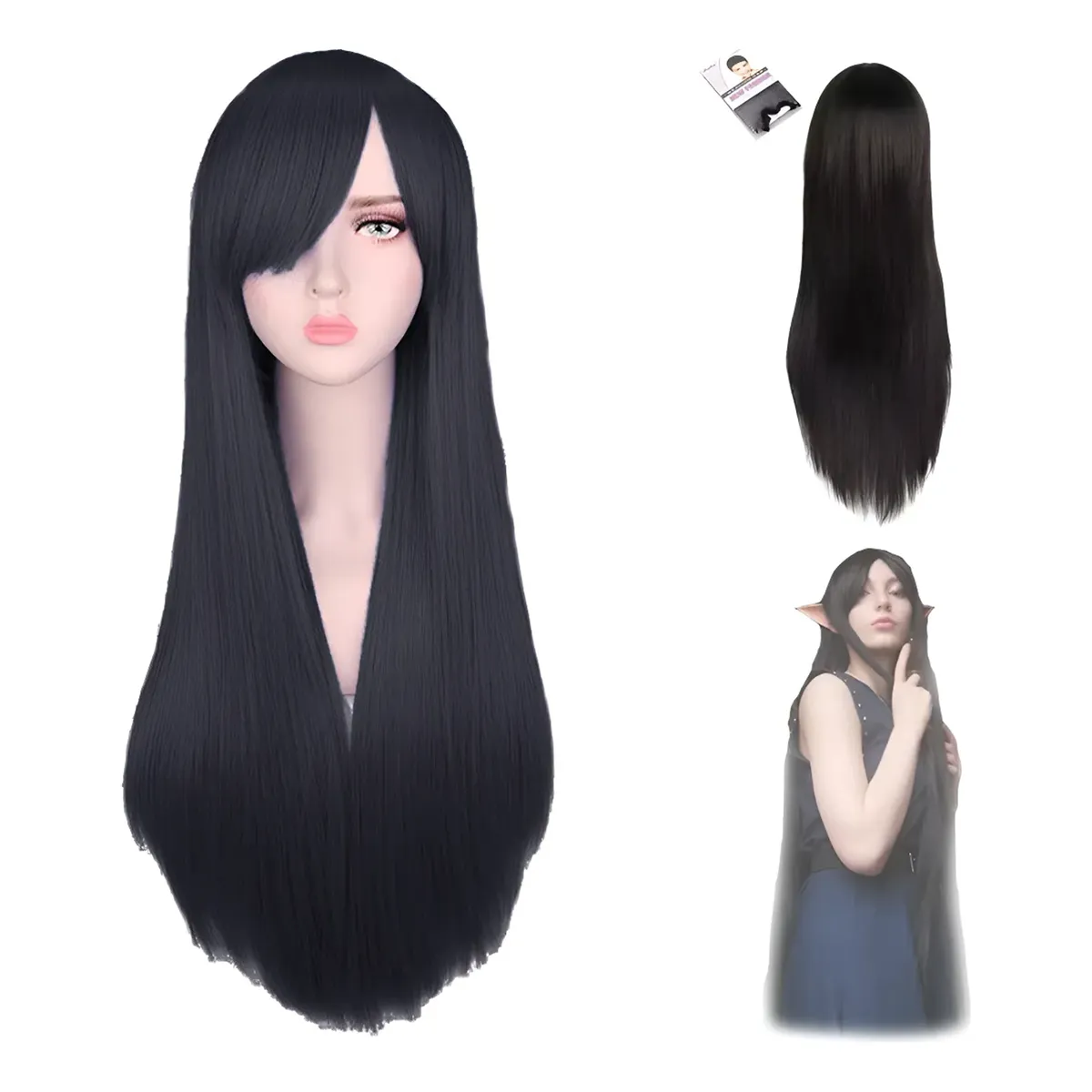 GENERICO - Las Pelucas De Pelo Largas Negras De Cosplay Del Anime 80cm