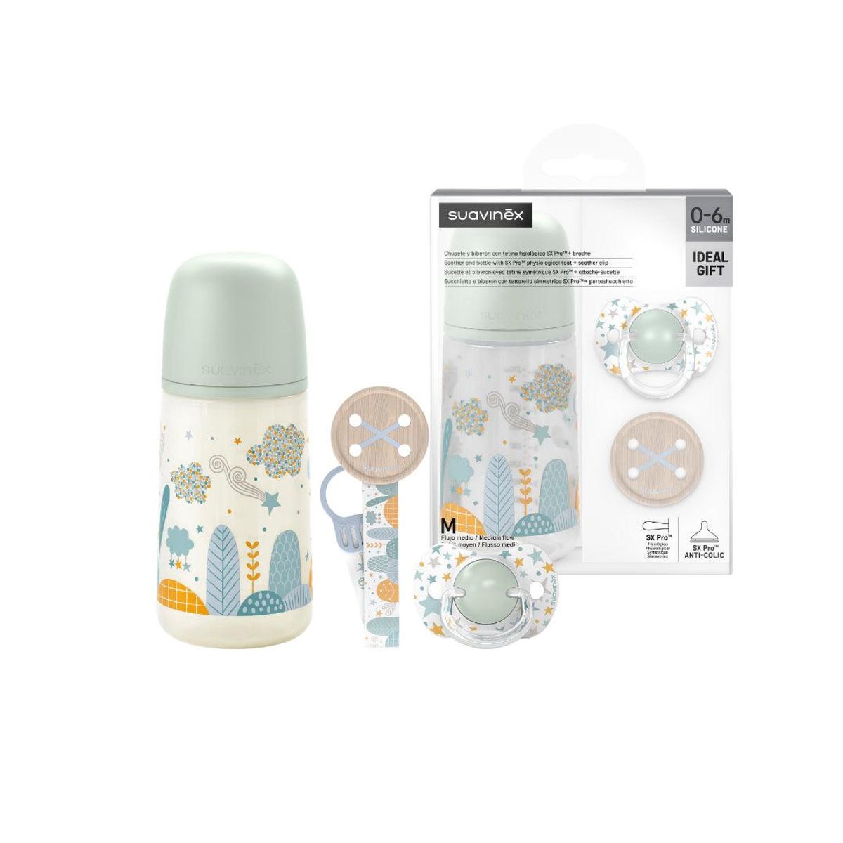SUAVINEX - Set Regalo Mamadera 270ml +chupete 0-6m+broche Suavinex Verde