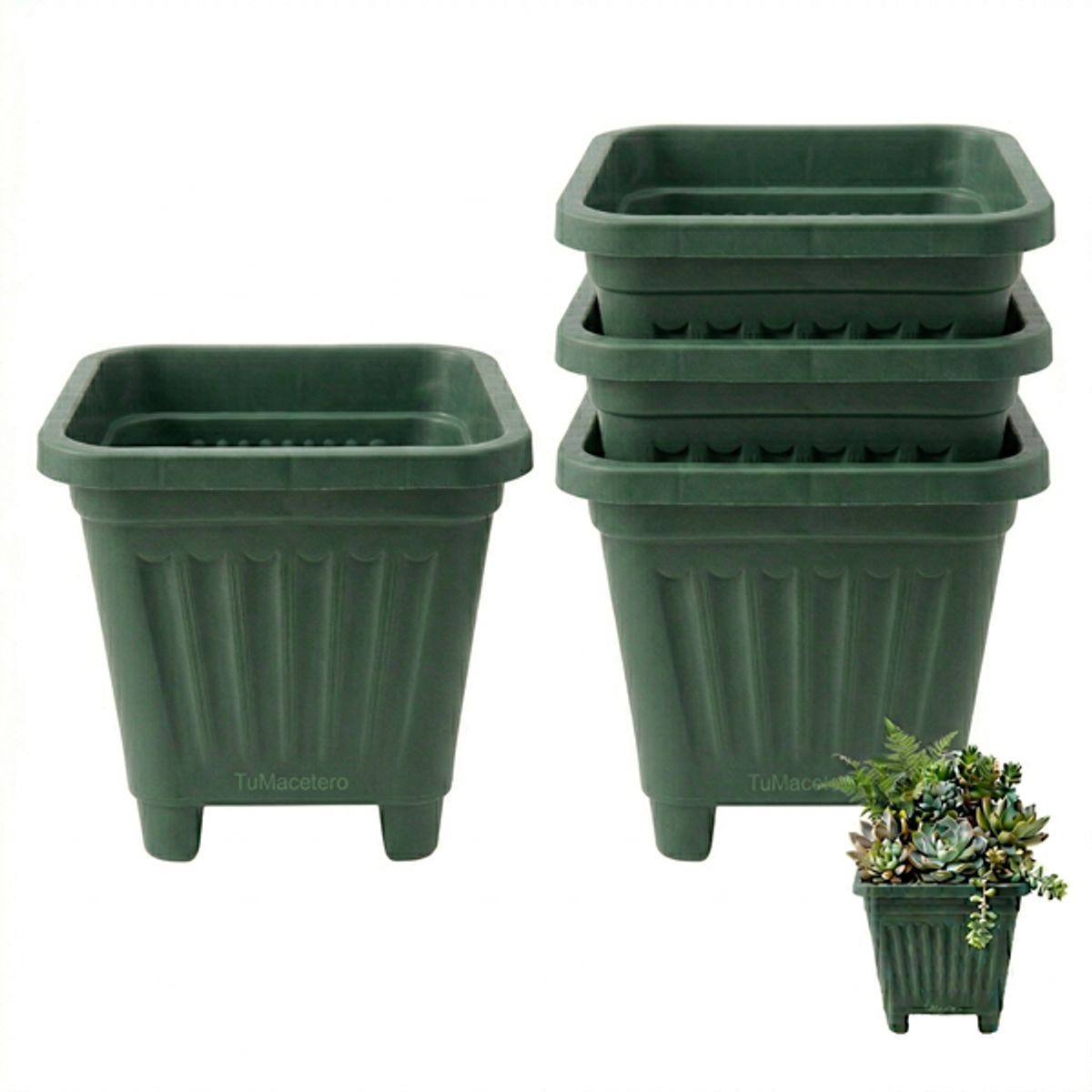 GENERICO - Pack 4 Maceteros Plástico Cuadrado Verde 22 cm