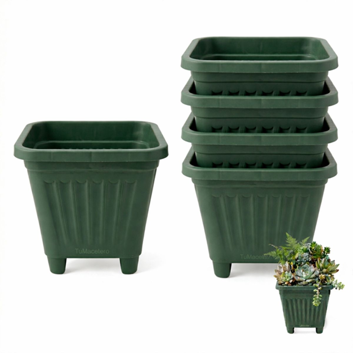 GENERICO - Pack 5 Maceteros Plástico Cuadrado Verde 22 cm