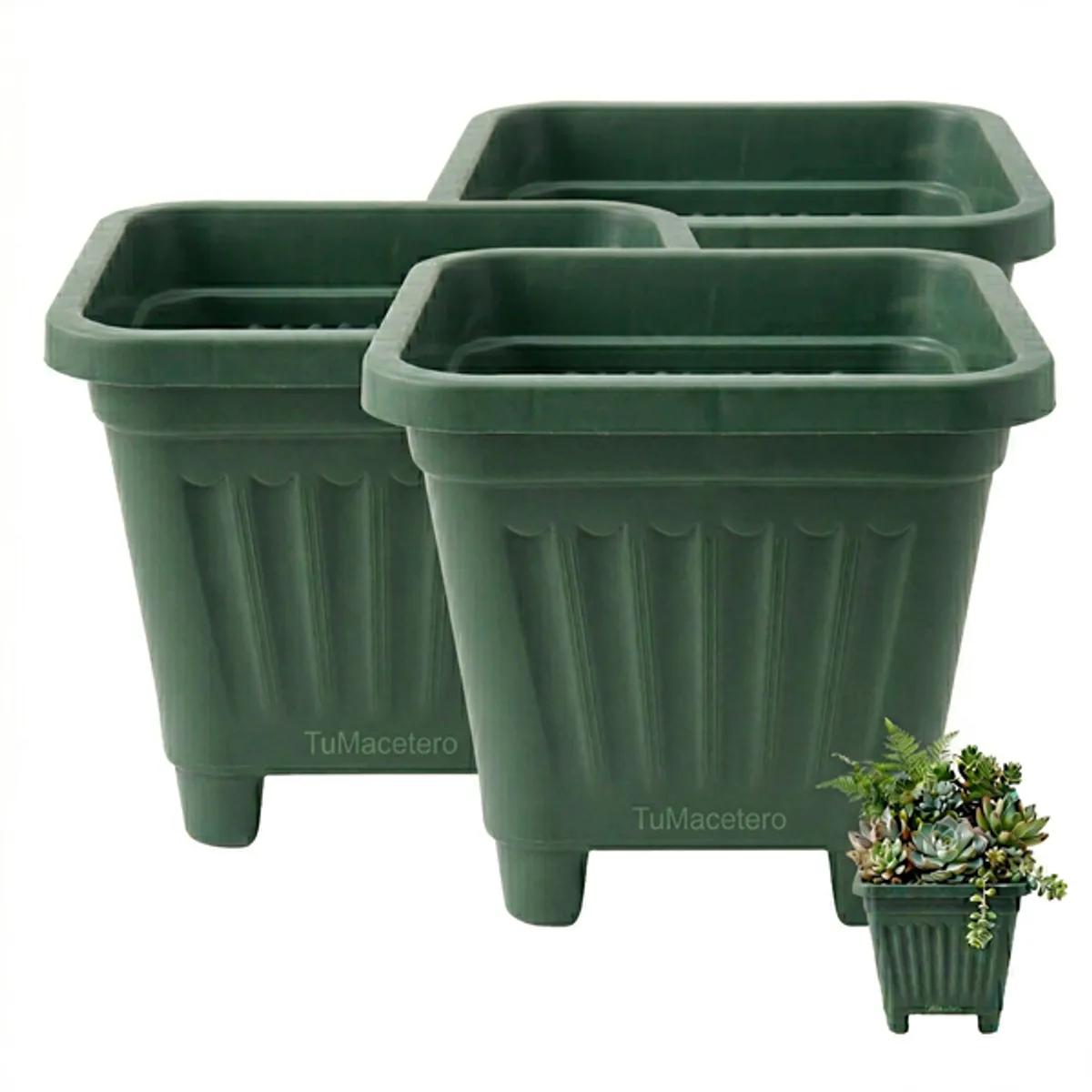 GENERICO - Pack 3 Maceteros Plástico Cuadrado Verde 30 cm