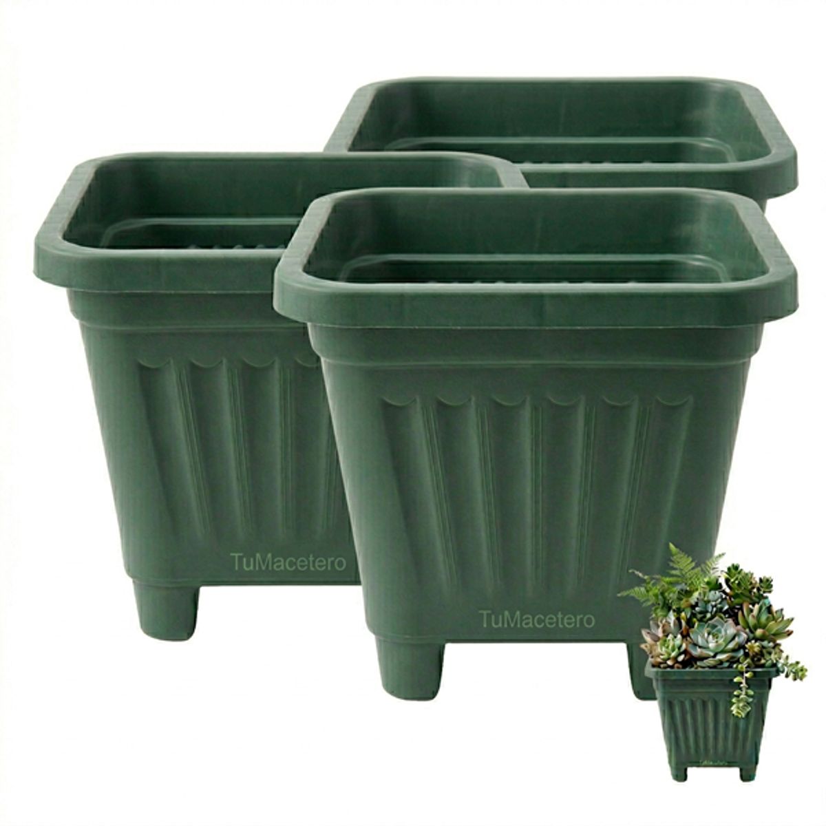 GENERICO - Pack 3 Maceteros Plástico Cuadrado Verde 40 cm