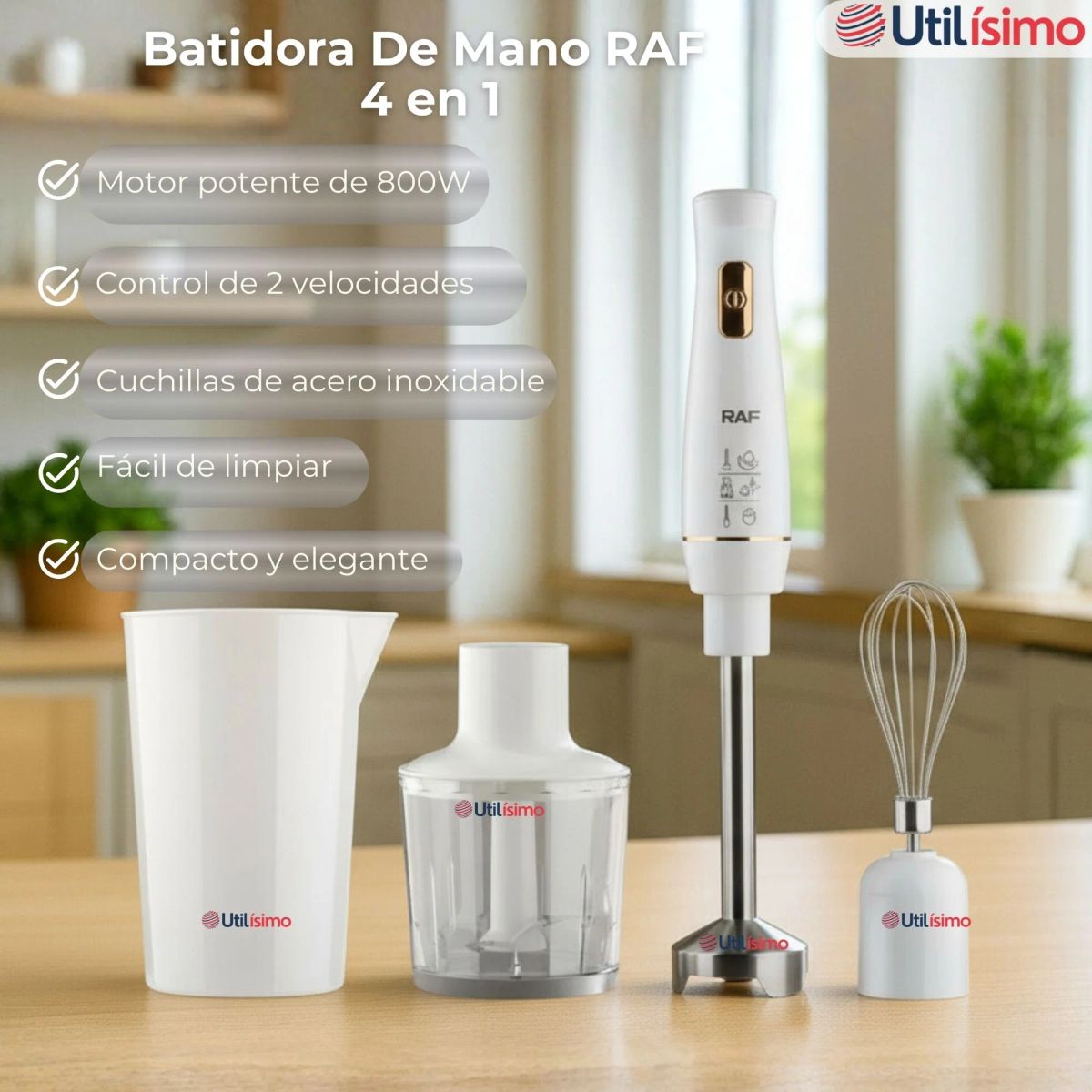 RAF - Batidora De Inmersión con Accesorios 800W Color Blanco