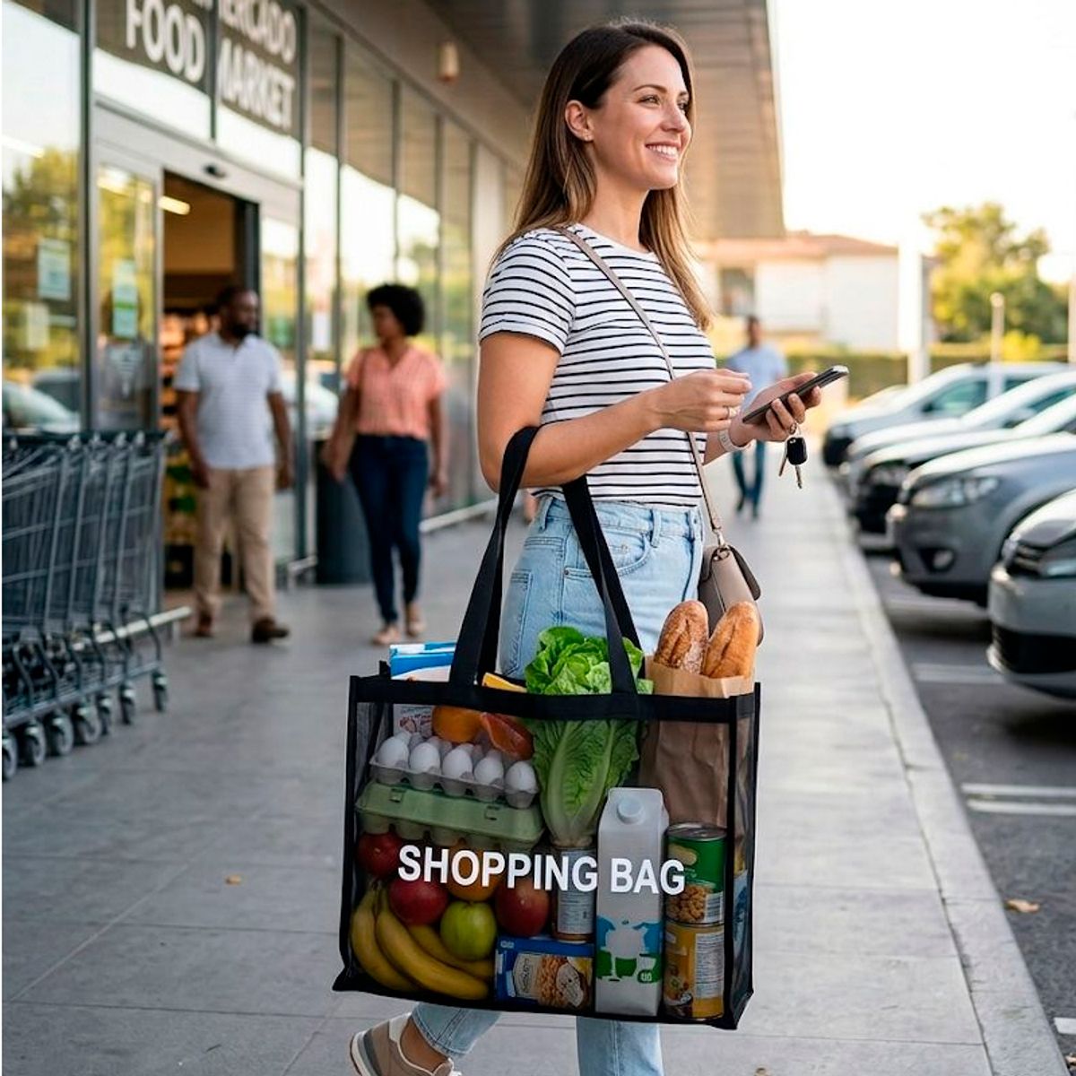 WAKESHOME - Bolsa de Compras Grande de Malla con Asa Bolsa de Comestibles Reutilizable