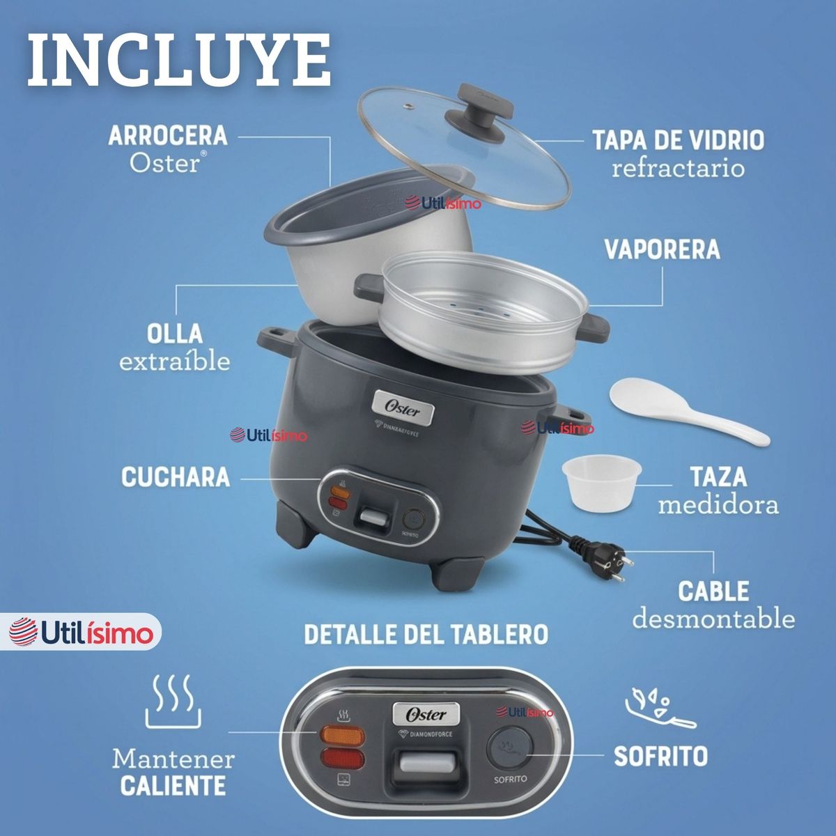 OSTER - Oster Arrocera, 3 En 1, 12 Tazas Capacidad, Función Sofrito, Vaporera,Oster DiamondForce