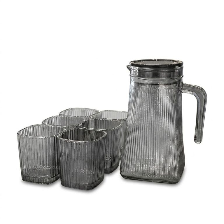 Juego de Jarra De Vidrio Moderna Con Tapa y 6 Vasos Diseno Acanalado
