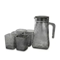 WAKESHOME - Juego de Jarra De Vidrio Moderna Con Tapa y 6 Vasos Diseño Acanalado