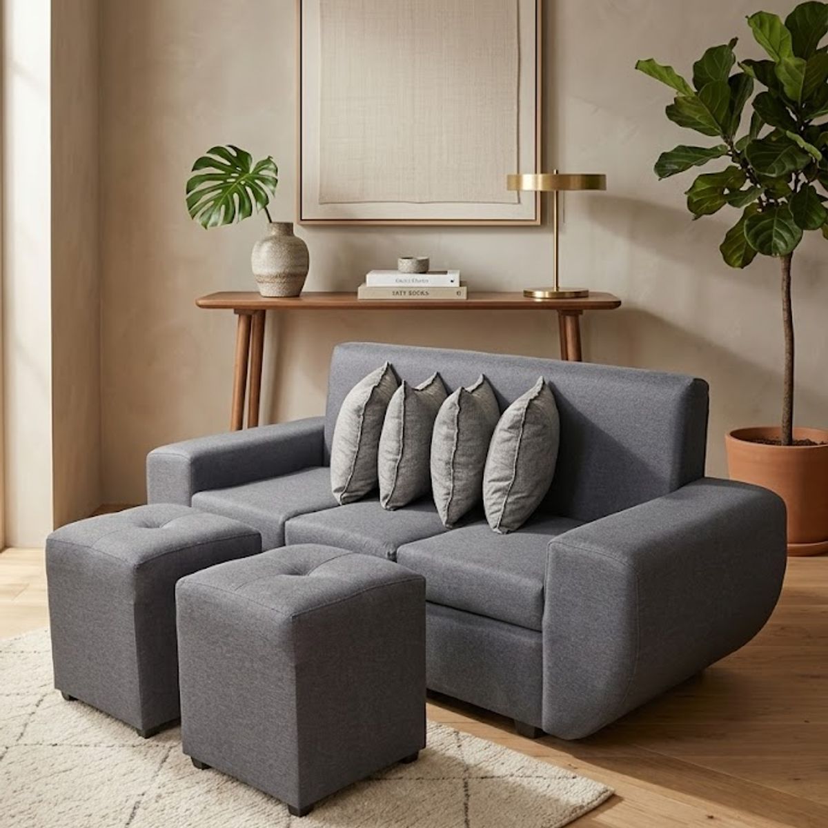 GENERICO - sofa 3 cuerpos con 2 puff gris lino