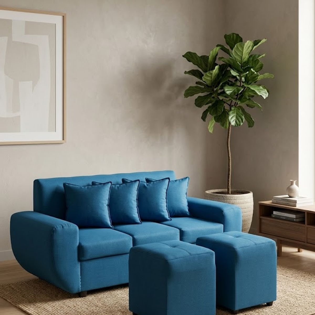 GENERICO - sofa 3 cuerpos con 2 puff turquesa lino