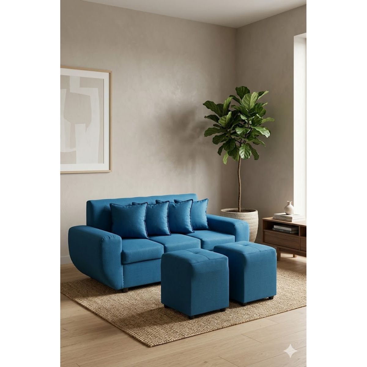 GENERICO - sofa 3 cuerpos con 2 puff turquesa lino