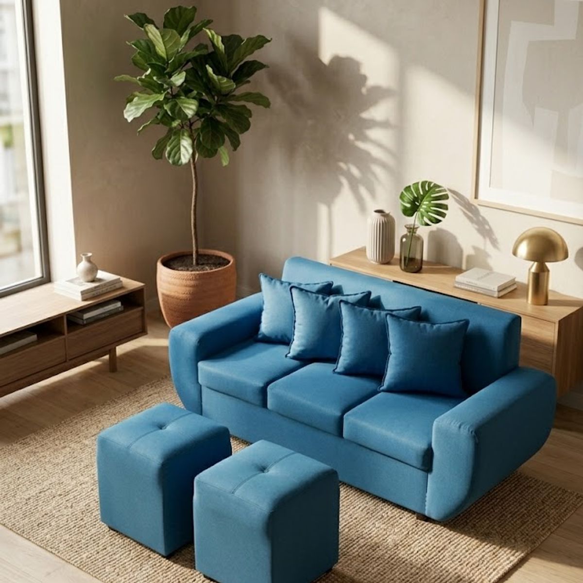 GENERICO - sofa 3 cuerpos con 2 puff turquesa lino