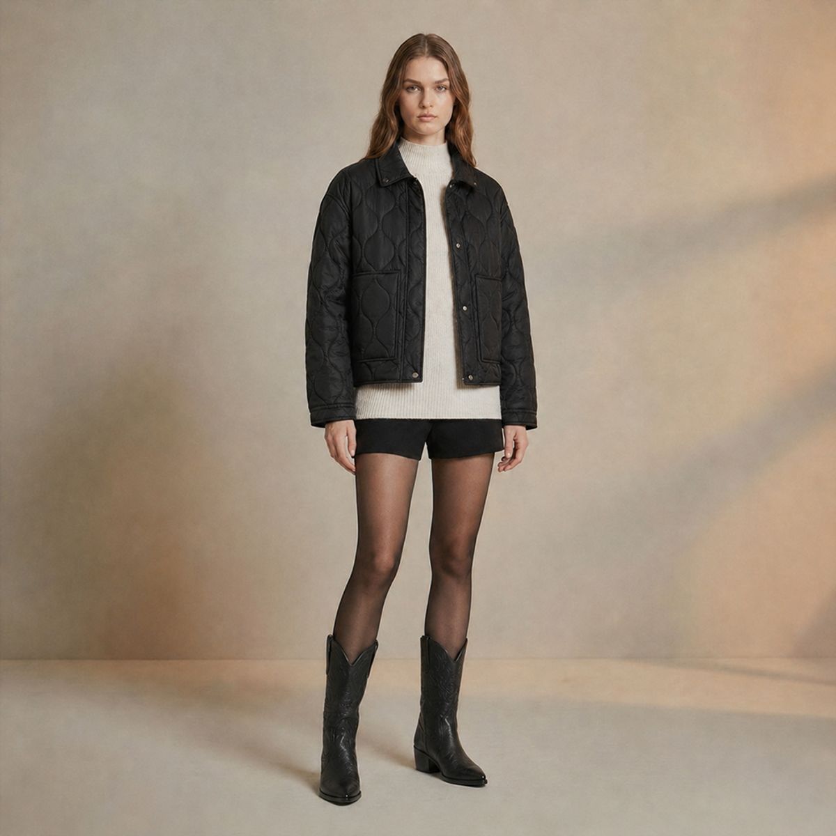 AMPHORA - Jacket puffy soft bruselas negro