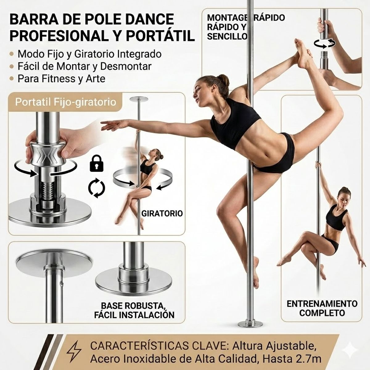 GENERICO - Barra Profesional Pole Dance Fitness Portatil Fijo-giratorio