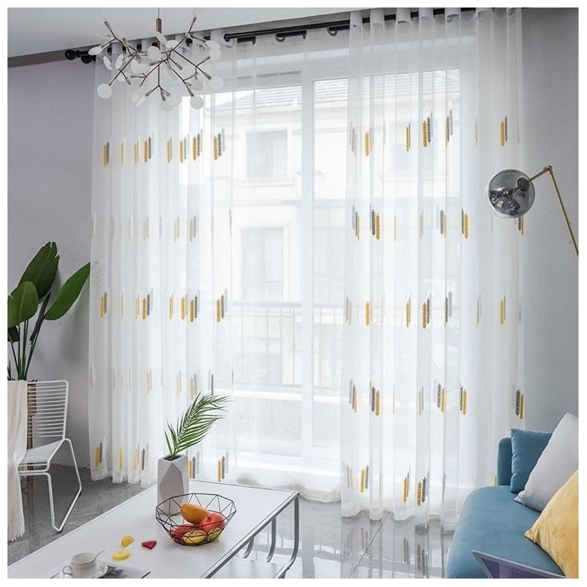 ALMA & DECO - Set x 2 Visillos Blancos con Bordado Espiga Gris y Mostaza 140x230 Cm