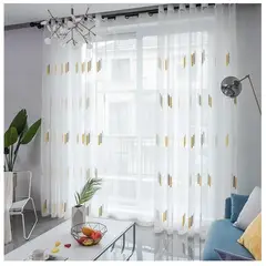ALMA & DECO - Set x 2 Visillos Blancos con Bordado Espiga Gris y Mostaza 140x230 Cm