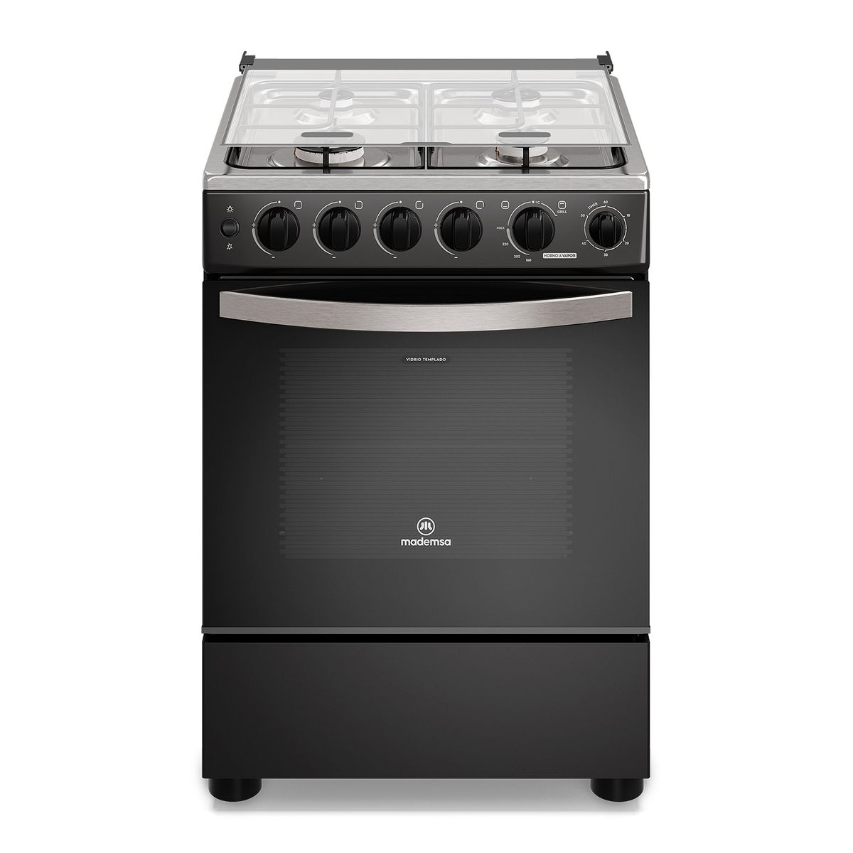 MADEMSA - Cocina a Gas 4 Platos Horno Vapor y Temporizador FM4TPC Negra