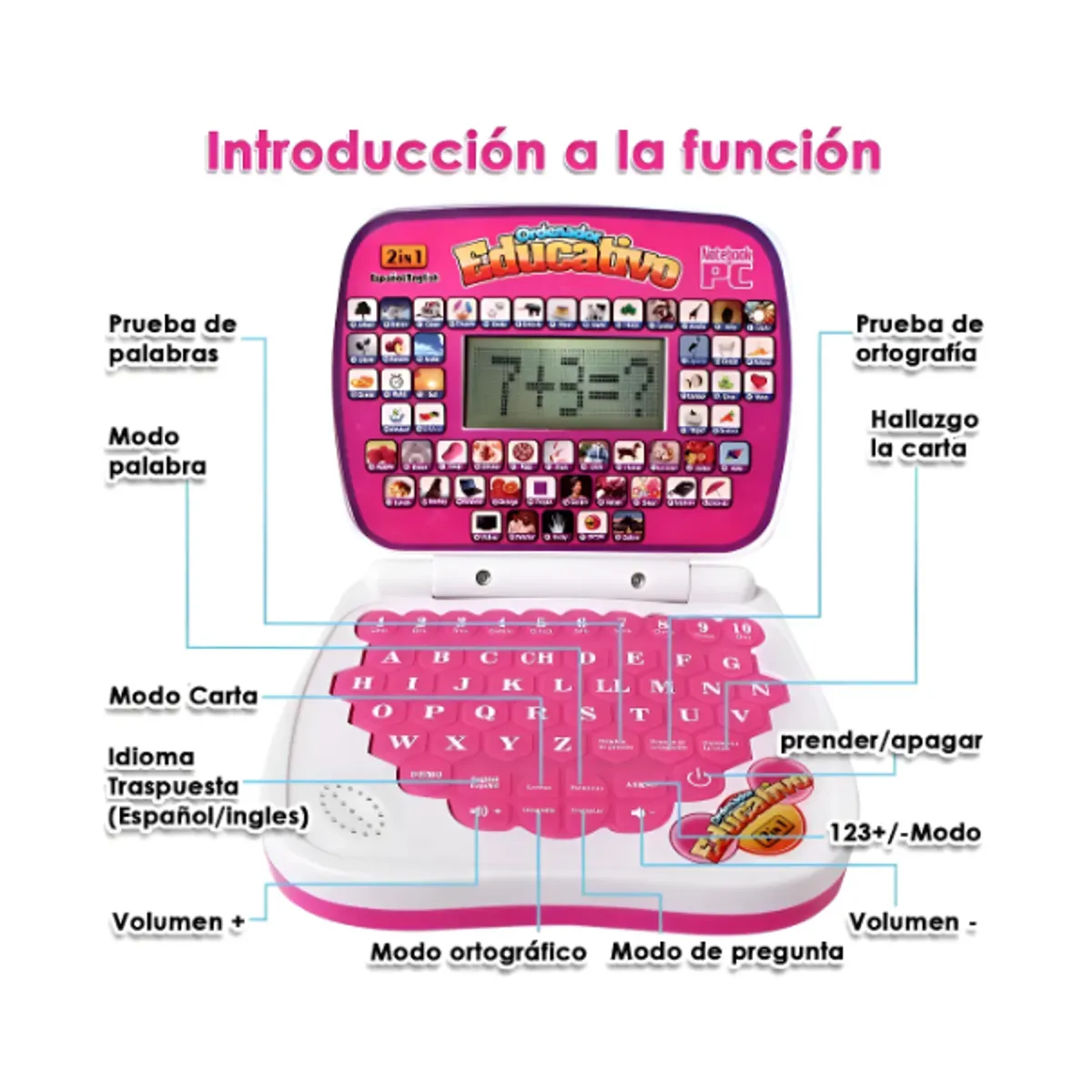 GENERICO - Computador Laptop juguete Interactivo Didactico ingles-español Rosa