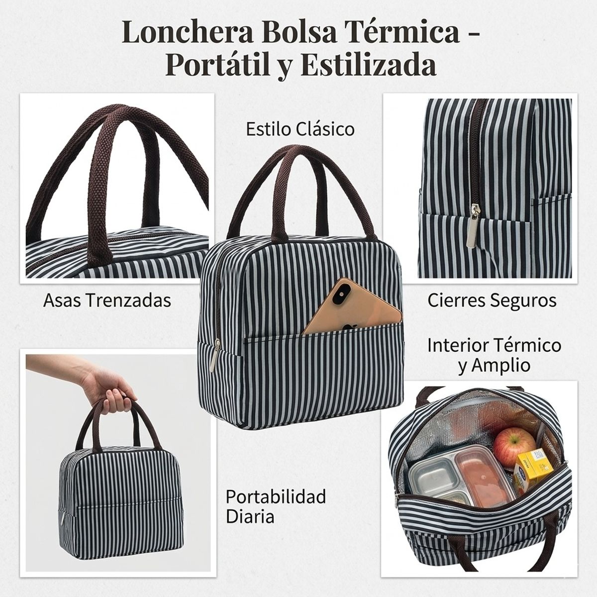 GENERICO - Lonchera Bolsa Térmica Colación Almuerzo Portátil Diseño de Rayas