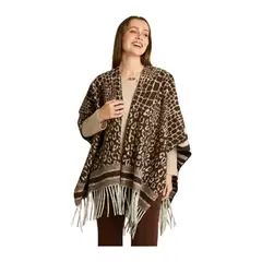 LORENZO DI PONTTI - Poncho Café con Estampado Animal Print Mixto y Flecos en Tejido