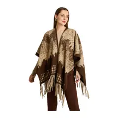 LORENZO DI PONTTI - Poncho Café con Estampado Degradé y Flecos en Tejido