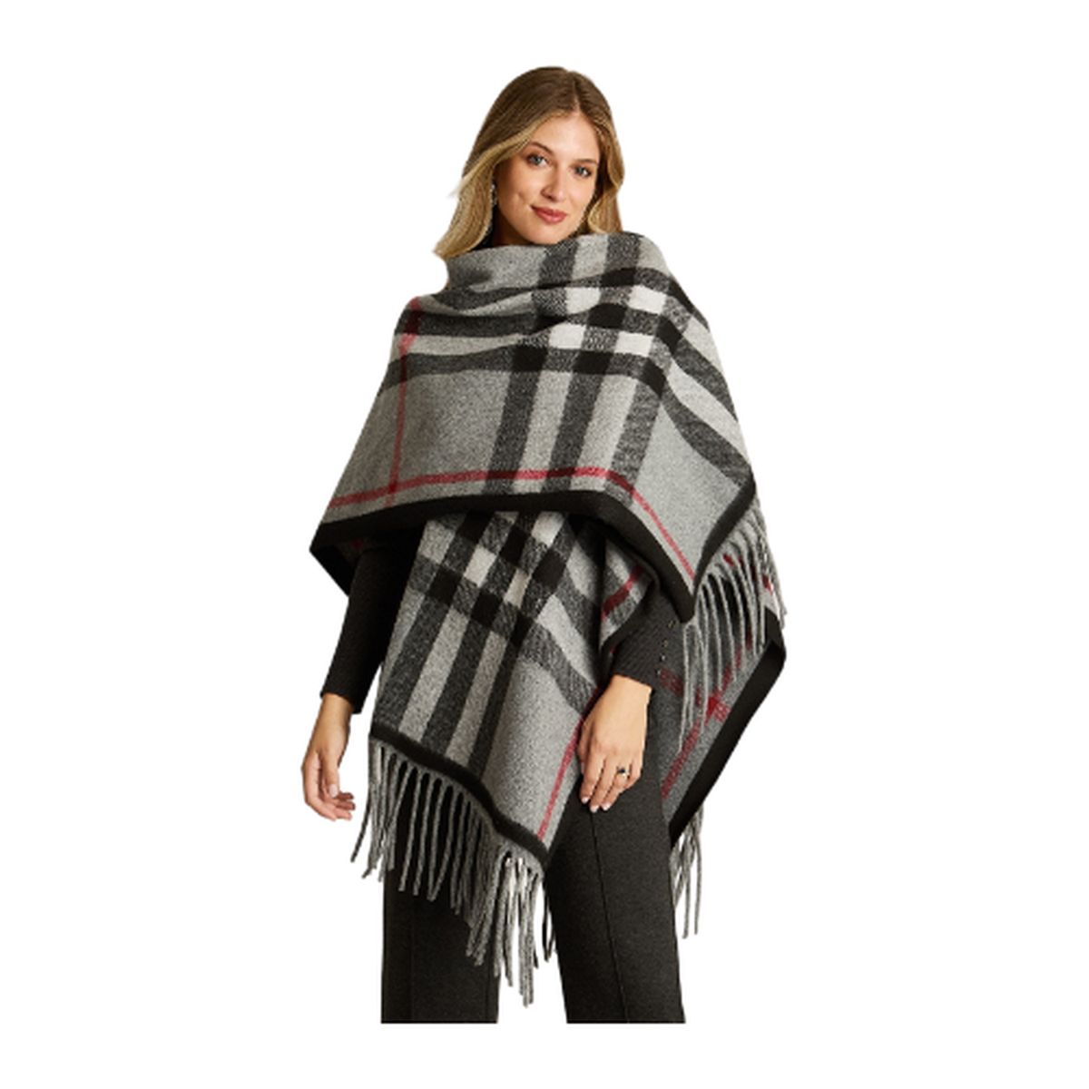 LORENZO DI PONTTI - Poncho Gris con Estampado Cuadrille y Flecos en Tejido
