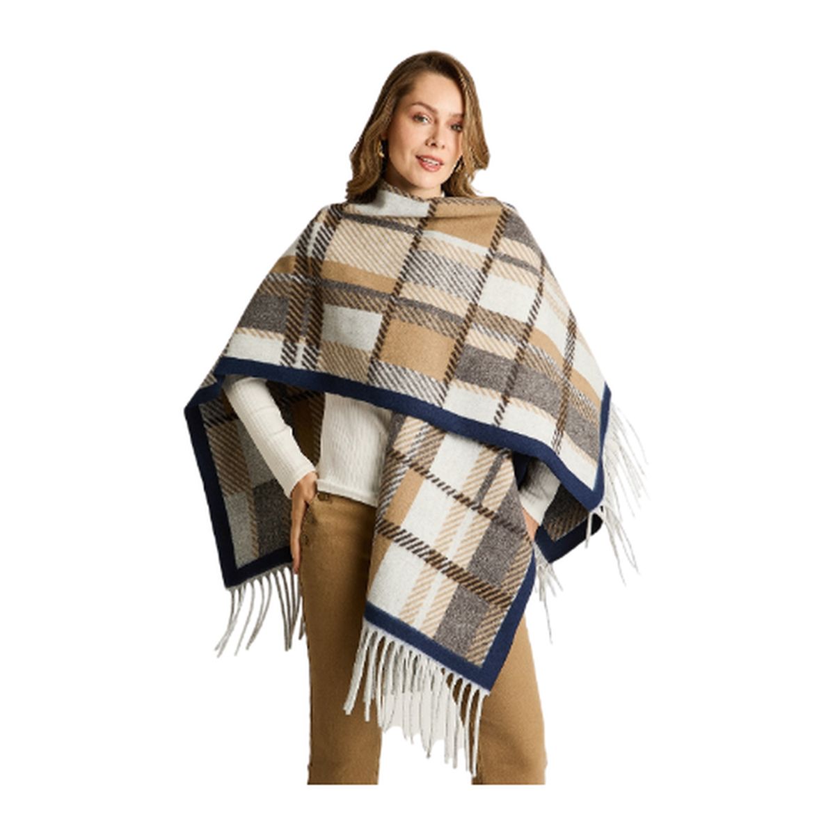 LORENZO DI PONTTI - Poncho Café con Estampado Cuadrille en Bloques de Color y Flecos en Tejido