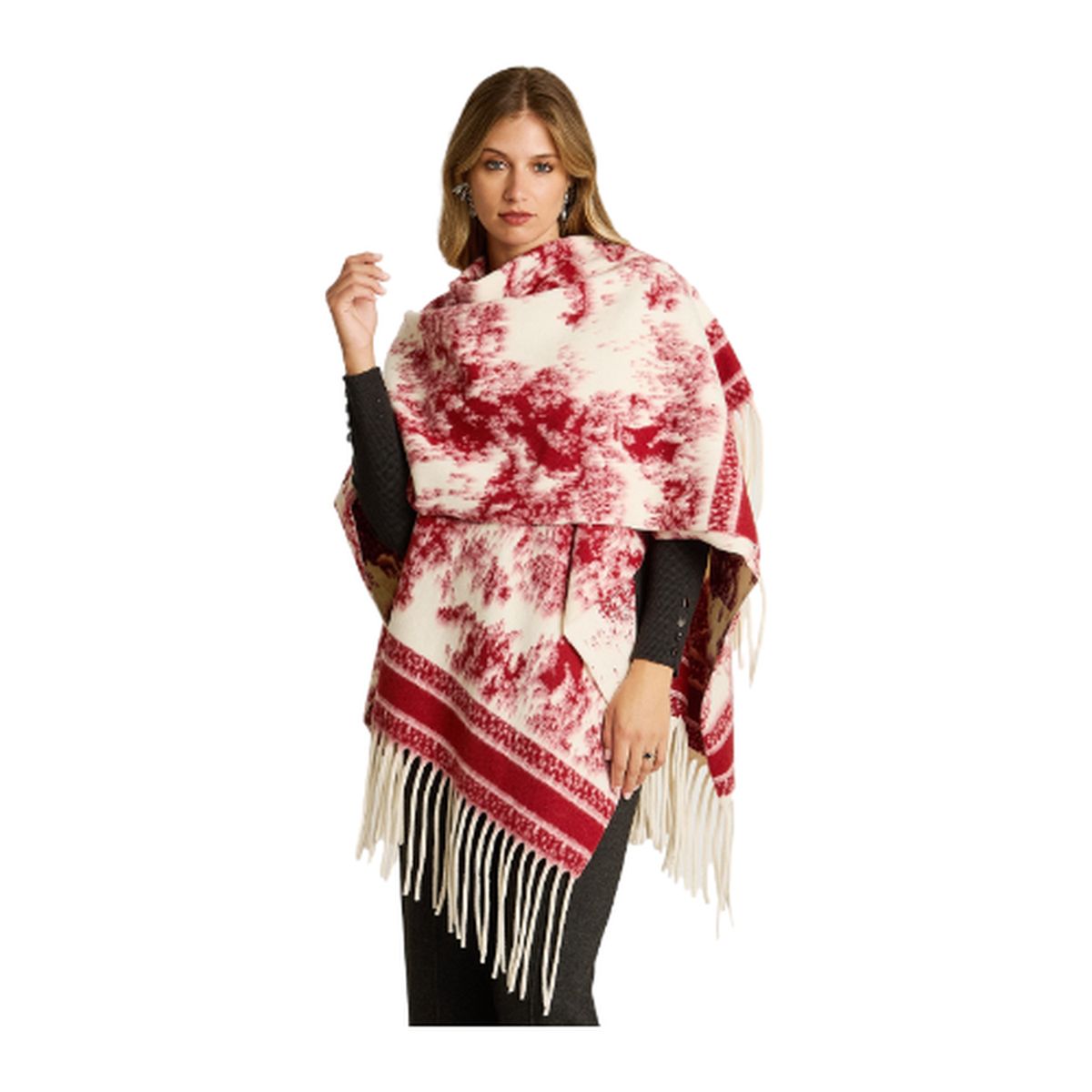 LORENZO DI PONTTI - Poncho Rojo con Estampado Abstracto y Flecos en Tejido