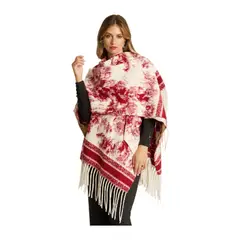 LORENZO DI PONTTI - Poncho Rojo con Estampado Abstracto y Flecos en Tejido