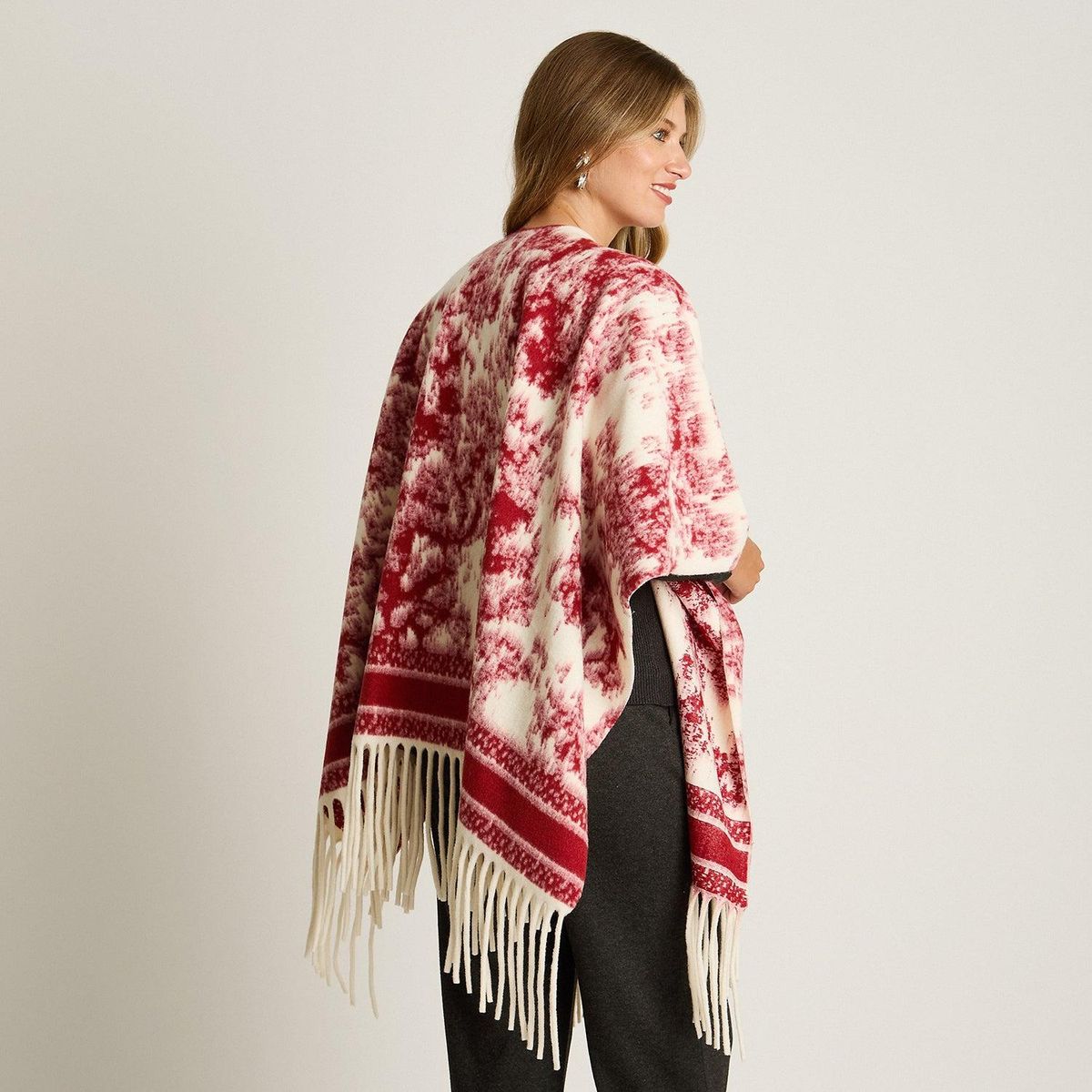 LORENZO DI PONTTI - Poncho Rojo con Estampado Abstracto y Flecos en Tejido