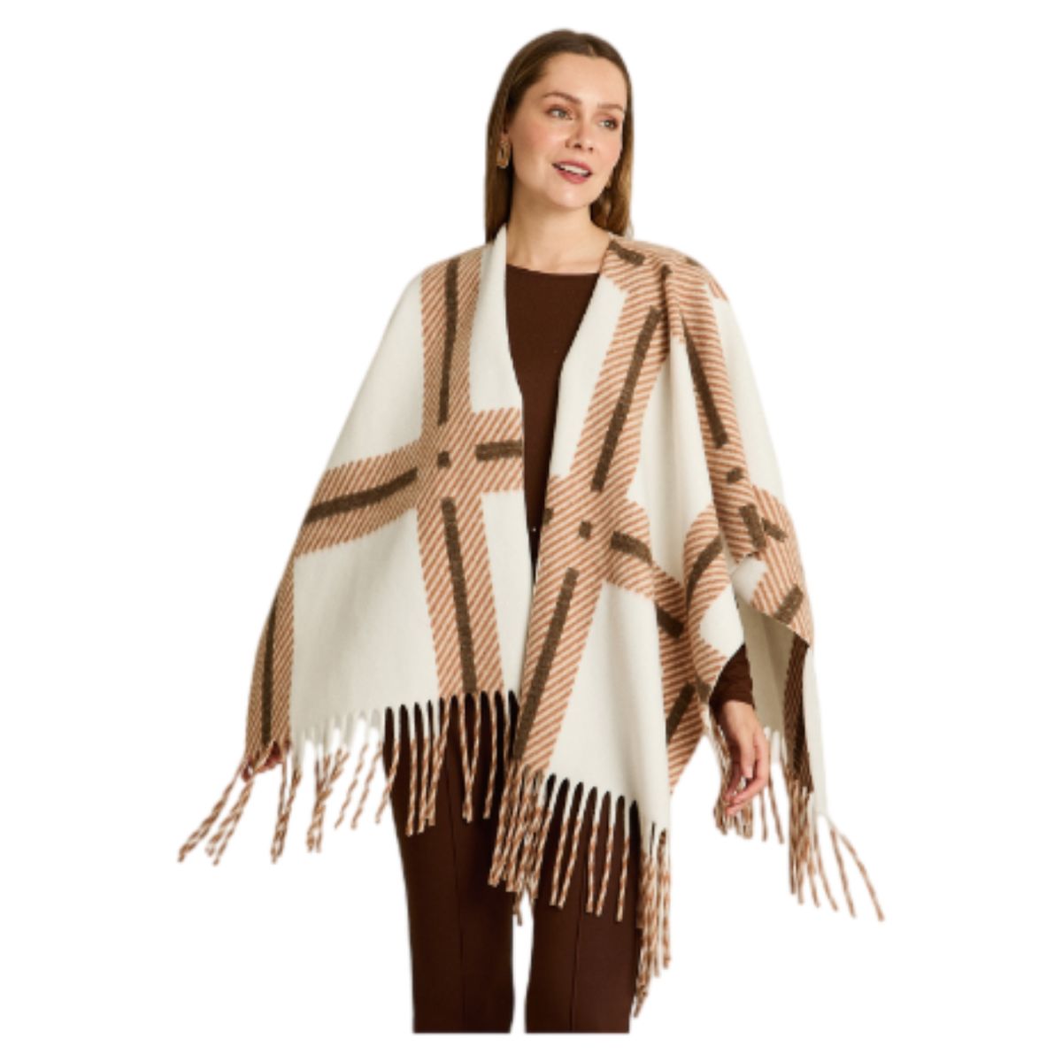 LORENZO DI PONTTI - Poncho Beige con Estampado Geométrico y Flecos en Tejido