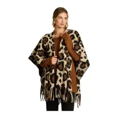 LORENZO DI PONTTI - Poncho Café con Estampado Animal Print y Flecos en Tejido
