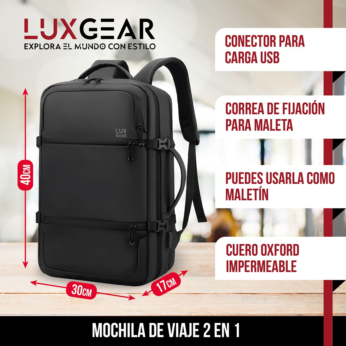 LUXGEAR - Mochila Notebook Viaje Luxgear Elite Impermeable Ejecutiva.