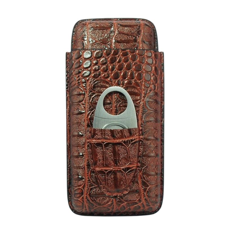 R24 Estuche para 3 Puros PU Croco Marron con Cortador