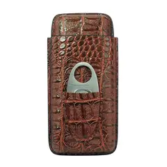 R24 - Estuche para 3 Puros PU Croco Marron con Cortador