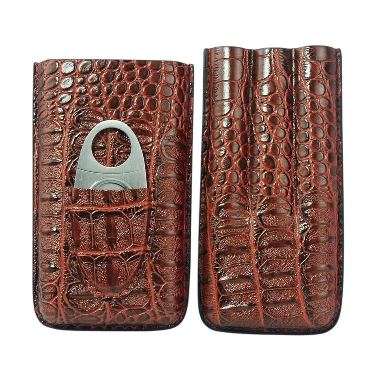 R24 - Estuche para 3 Puros PU Croco Marron con Cortador